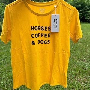 NWT Riding Sport Dogs Coffee Horses Graphic Tee YELLOW